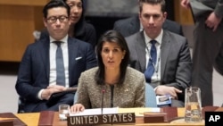 Nikki Haley, U.S. ambassador to the United Nations, speaks during a Security Council meeting on the situation in North Korea, Nov. 29, 2017 at United Nations headquarters. 