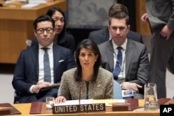 FILE - Nikki Haley, U.S. ambassador to the United Nations, speaks during a Security Council meeting on the situation in North Korea, Nov. 29, 2017 at United Nations headquarters.