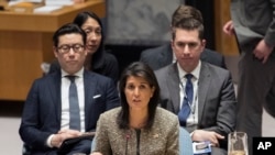 美国常驻联合国大使妮基·黑利在纽约联合国总部就朝鲜最新导弹试射举行的安理会会议上发言。（2017年11月29日）