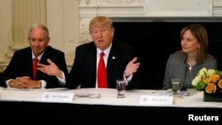 El presidente Trump habla en la Casa Blanca acompañado por el director ejecutivo de Blackstone, Stephen Schwarzman (izquierda) y la CEO de General Motors CEO, Mary Barra.