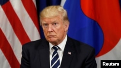 U.S. President Donald Trump looks on during his meeting with South Korean president Moon Jae-in during the U.N. General Assembly in New York, Sept. 21, 2017.