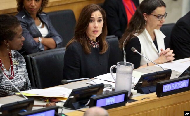 Her Royal Highness Crown Princess Mary of Denmark, center, address the human rights conference titled "Protecting Health Rights of Women and Girls Affected by Conflict," during the U.N General Assembly, Sept. 24, 2018 at U.N. headquarters.