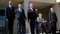  President Barack Obama, from left, and four former presidents, George W. Bush, Bill Clinton, George H.W. Bush and Jimmy Carter appear together at a dedication ceremony in Dallas, Texas. 