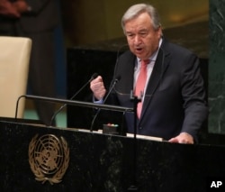 United Nations Secretary General Antonio Guterres speaks during the United Nations General Assembly, Sept. 25, 2018 at U.N. headquarters.