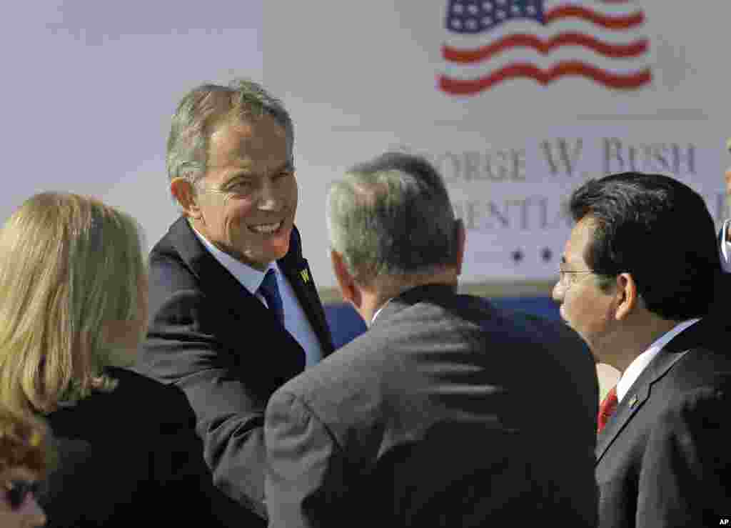 Former British Prime Minister Tony Blair arrives for the dedication of the George W. Bush Presidential Center, Dallas, Texas, April 25, 2013.