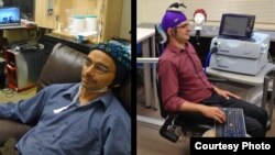 University of Washington researcher Rajesh Rao, left, plays a computer game with his mind. Across campus, researcher Andrea Stocco, right, wears a magnetic stimulation coil over the left motor cortex region of his brain. (Credit: University of Washington)