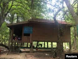 A shelter for villagers and Buddhist monks who manage the Monk's Community Forest, which sprawls across 18,261 hectares (71 square miles) in Anlong Veng in Oddar Meanchey province in northwest Cambodia. May 29, 2019. (Thomson Reuters Foundation/Rina Chandran)