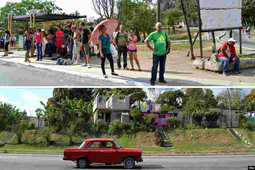 People line the sidewalk, awaiting the bus, outskirts of Havana, Cuba. (R. Taylor / VOA)