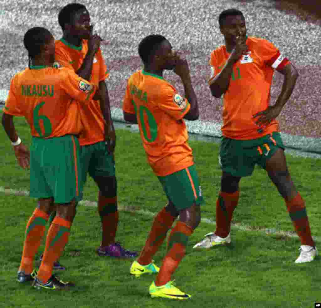 Zambia's Katongo celebrates with his team after scoring a goal against Libya during their African Nations Cup Group A soccer match at Estadio de Bata "Bata Stadium", in Bata