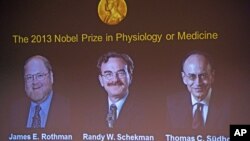 美國人詹姆斯.羅斯曼(左起)和蘭迪.謝克曼﹐德國的托馬斯.聚德霍夫獲得了諾貝爾醫學獎