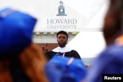 FILE - Actor Chadwick Boseman addresses the 150th commencement ceremony at Howard University in Washington, May 12, 2018.