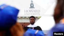 FILE - Actor Chadwick Boseman addresses the 150th commencement ceremony at Howard University in Washington, May 12, 2018. 