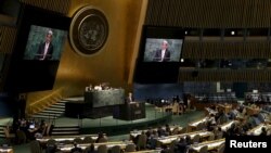지난 2015년 미국 뉴욕 유엔본부에서 열린 핵확산금지조약(NPT) 평가회의에서 존 케리(가운데) 당시 미 국무장관이 연설하고 있다. (자료사진)