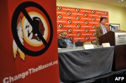 FILE - Ray Halbritter, Oneida Indian Nation Representative, speaks at a press conference after meeting with senior officials of the National Football League about changing the mascot name of the Washington Redskins in New York.