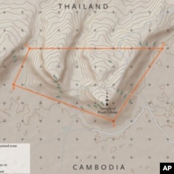 A July 18, 2011 sketch-map by the International Court of Justice shows an area around Cambodia's Preah Vihear temple and surrounding territories claimed by Thailand, which the Court identifies as a 'Provisional Demilitarized Zone.' The July 18 ruling is t