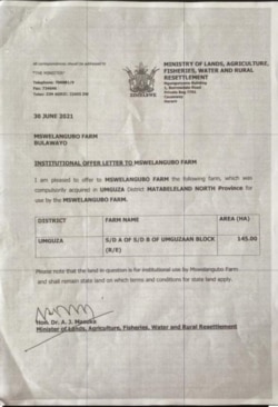 The offer letter written by Agriculture Minister Anxious Jongwe Masuka.