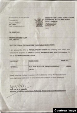 The offer letter written by Agriculture Minister Anxious Jongwe Masuka.
