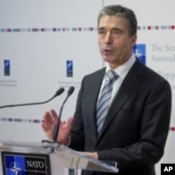 NATO Secretary General Anders Fogh Rasmussen talks during the presentation of NATO's Annual Report 2011at NATO headquarters in Brussels, January 26, 2012.