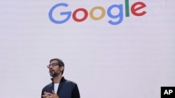 FILE - In this file photo dated May 17, 2017, Google CEO Sundar Pichai delivers the keynote address for the Google I/O conference in Mountain View, California.France Google