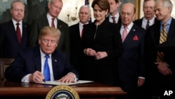 President Donald Trump signs a presidential memorandum imposing tariffs and investment restrictions on China in the Diplomatic Reception Room of the White House, Thursday, March 22, 2018.