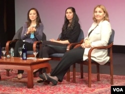 From left, Peggy Liu, Aamina Awan and Josette Sheeran discussed effects of the 1995 Bejing conference after the screening. (Credit: Michael Lamon/VOA)