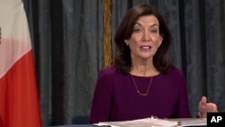 FILE - In this image taken from video, New York Gov. Kathy Hochul speaks during a virtual press conference on Dec. 2, 2021, in New York.