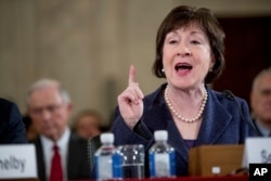 FILE - Sen. Susan Collins, R-Maine, introduces Attorney General-designate Jeff Sessions on Capitol Hill, Jan. 10, 2017.