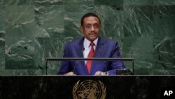 File: Chad's Minister of Foreign Affairs Mahamat Zene Cherif addresses the 73rd session of the United Nations General Assembly Friday, Sept. 28, 2018, at the United Nations headquarters.