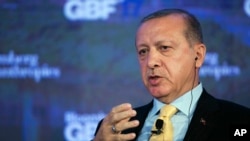 Turkey's President Recep Tayyip Erdogan speaks at the Bloomberg Global Business Forum, Sept. 20, 2017, in New York.