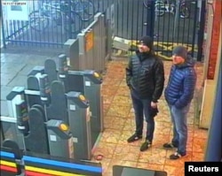 Men indentified by Britain as Alexander Petrov and Ruslan Boshirov, formally accused of attempting to murder former Russian intelligence officer Sergei Skripal and his daughter Yulia in Salisbury, are seen on CCTV at Salisbury Station, March 3, 2018.