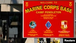 The main entrance to Camp Pendleton, Dec. 21, 2006. One Marine was killed and six were injured on base when their vehicle rolled over during training.