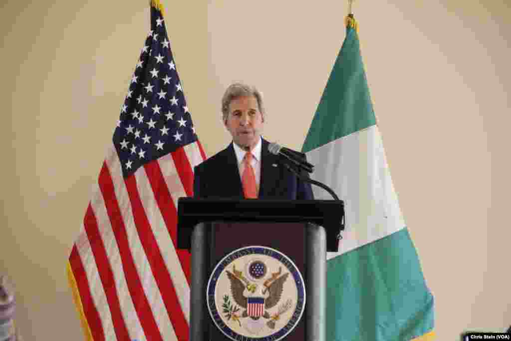 U.S. Secretary of State John Kerry speaks during a visit to Sokoto, Nigeria, Aug. 23, 2016.