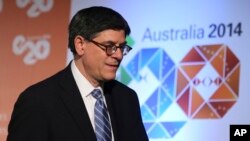U.S. Secretary of the Treasury Jack Lew arrives at a press conference where he delivered a closing statement to the media at the G-20 Finance Ministers and Central Bank Governors meeting in Sydney, Australia, Feb. 23, 2014.
