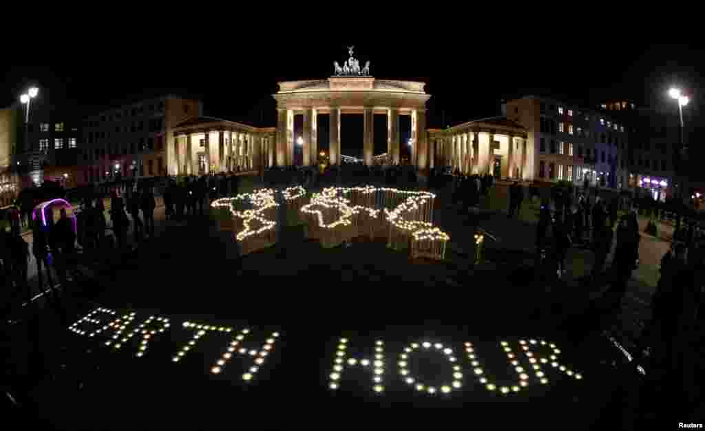 The Brandenburg Gate is pictured before Earth Hour in Berlin, March 30, 2019. Picture taken with fish-eye lens.