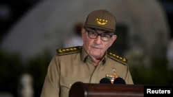 FILE - The First Secretary of Cuba's Communist Party Raul Castro gives a speech at Santa Ifigenia Cemetery in Santiago de Cuba, Jan. 1, 2019. 