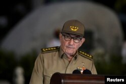 FILE - Cuban First Secretary of the Communist Party Raul Castro gives a speech, Jan. 1, 2019, during the celebration of 60th Anniversary of Cuban Revolution at Santa Ifigenia Cemetery in Santiago de Cuba.