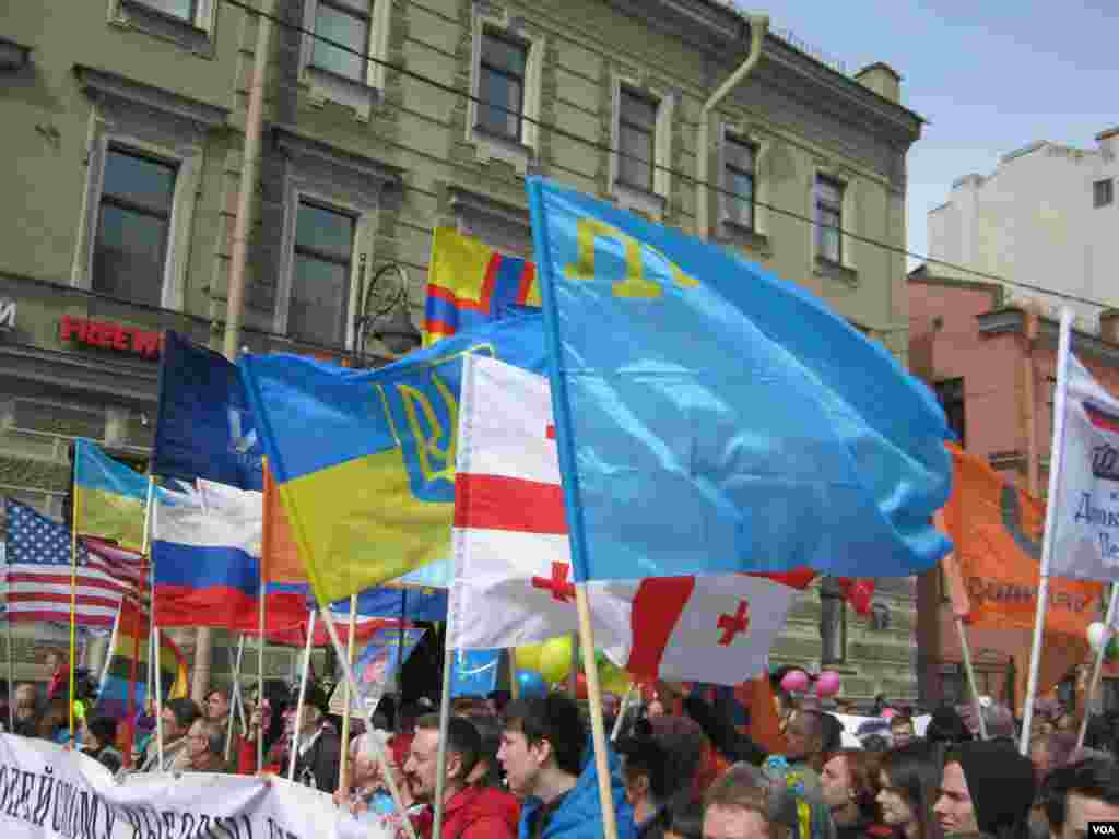 Петербургские демократы вышли на демонстрацию с флагами России, Европейского Союза, стран антигитлеровской коалиции и тех государств, которые подвергались российской агрессии