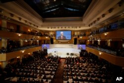 United States Vice President Mike Pence delivers his speech during the Munich Security Conference in Munich, Germany, Saturday, Feb. 16, 2019.