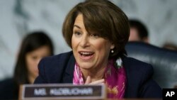 FILE - Senate Judiciary Committee member Sen. Amy Klobuchar, Democrat-Minnesota, is seen during a hearing on Capitol Hill in Washington, Jan. 15, 2019. 