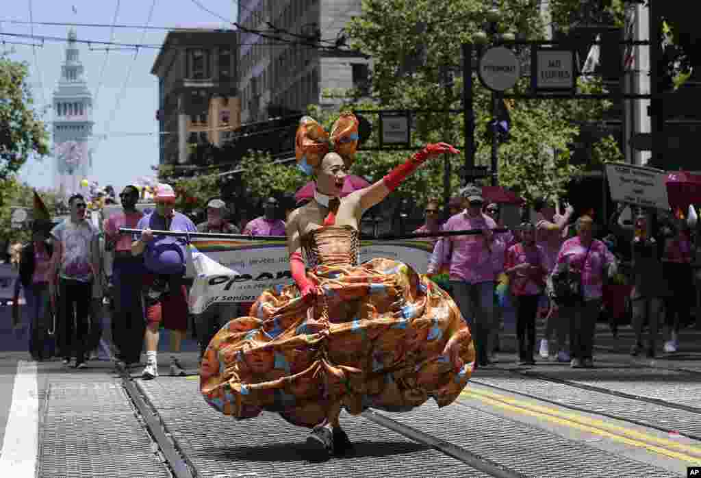 A marcher walks during the Pride parade in San Francisco, June 25, 2017.