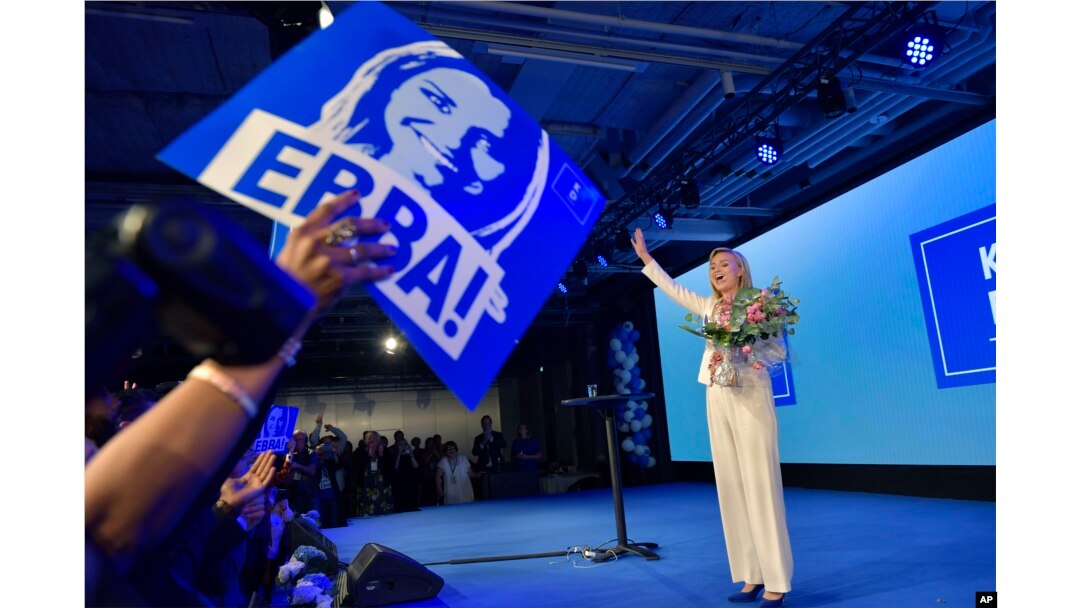 The Christian Democrats party leader Ebba Busch Thor speaks at the election party in Stockholm, Sweden, Sunday, Sept. 9, 2018.