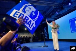The Christian Democrats party leader Ebba Busch Thor speaks at the election party in Stockholm, Sweden, Sunday, Sept. 9, 2018.