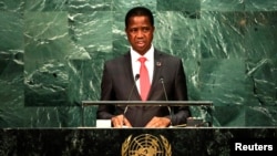 FILE - Zambia's President Edgar Chagwa Lungu addresses the United Nations General Assembly in the Manhattan borough of New York, Sept. 20, 2016. 