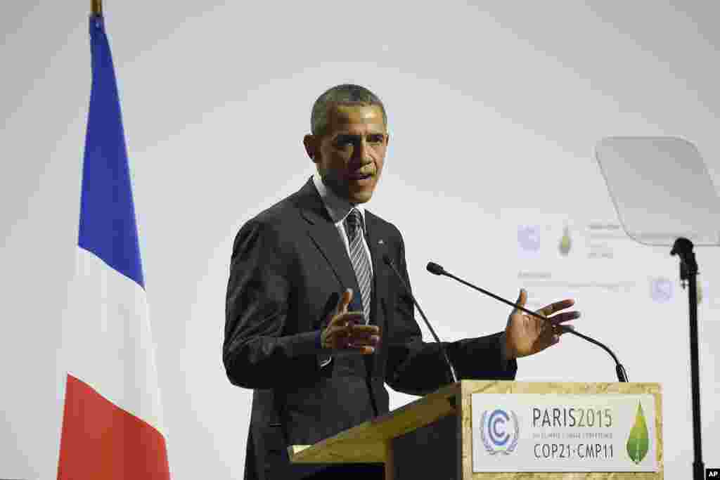 Presiden AS Barack Obama di COP21, Konferensi PBB untuk Perubahan Iklim di Le Bourget, pinggir kota Paris (30/11).&nbsp;​(AP/Pool/Eric Feferberg)
