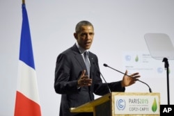 U.S. President Barack Obama delivers a speech at the COP21, United Nations Climate Change Conference, in Le Bourget, outside Paris, Nov. 30, 2015.
