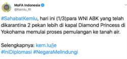 Cuitan twitter Kemenlu RI mengenai perkembangan WNI yang berada di Kapal Diamond Princess.(Foto: Courtesy/Twitter Kemenlu RI)