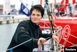 FILE - Now-retired English sailor Ellen MacArthur stands at the start point of the Route du Rhum in Brittany, Oct. 27, 2006.