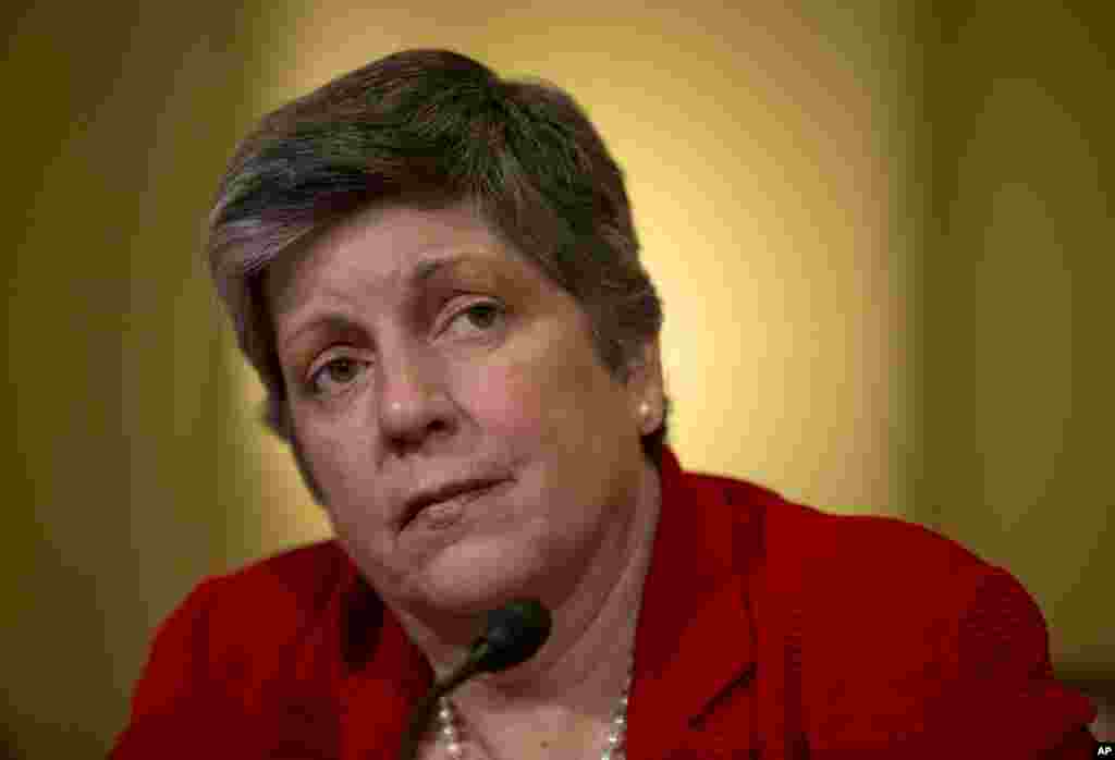 Homeland Security Secretary Janet Napolitano testifies on Capitol Hill in Washington, April 18, 2013, before the House Homeland Security Committee. Napolitano says the FBI wants to speak with two men seen in at least one video from the Boston Marathon, but she says she isn&#39;t calling them suspects.