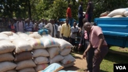 Flood survivors offload bags of maize, ready for distribution. (L. Mesina for VOA)