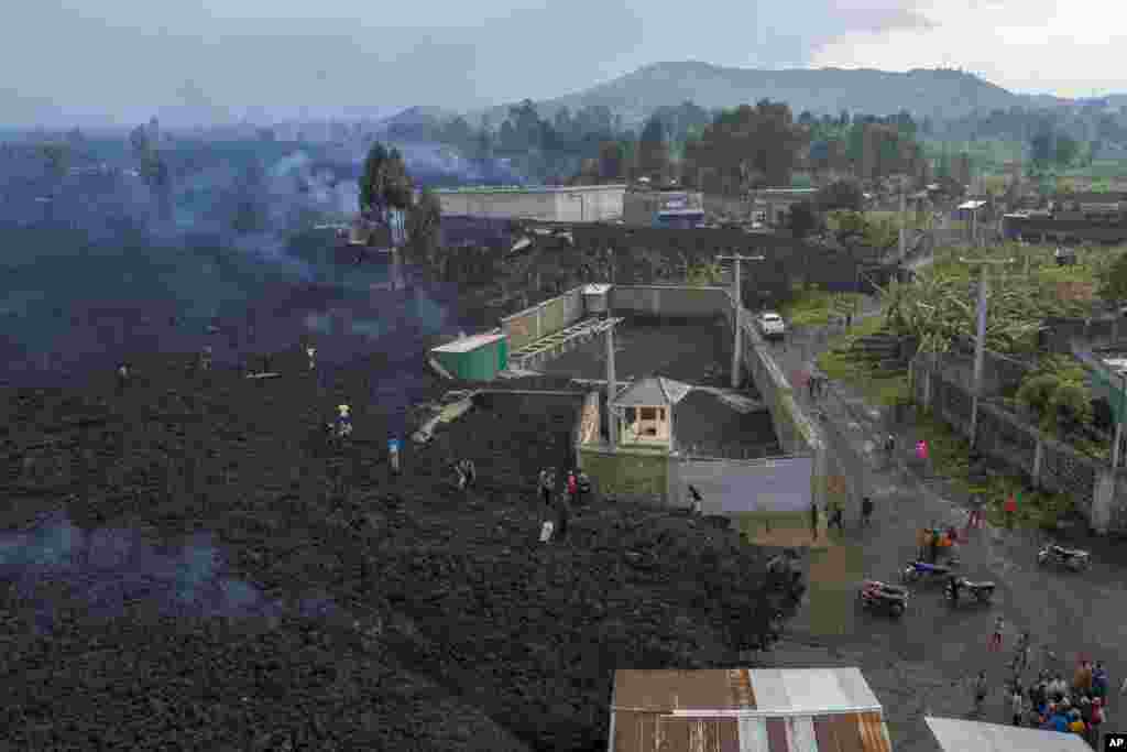 Lava from the eruption of Mount Nyiragongo cuts through Buhene north of Goma, Democratic Republic of Congo.